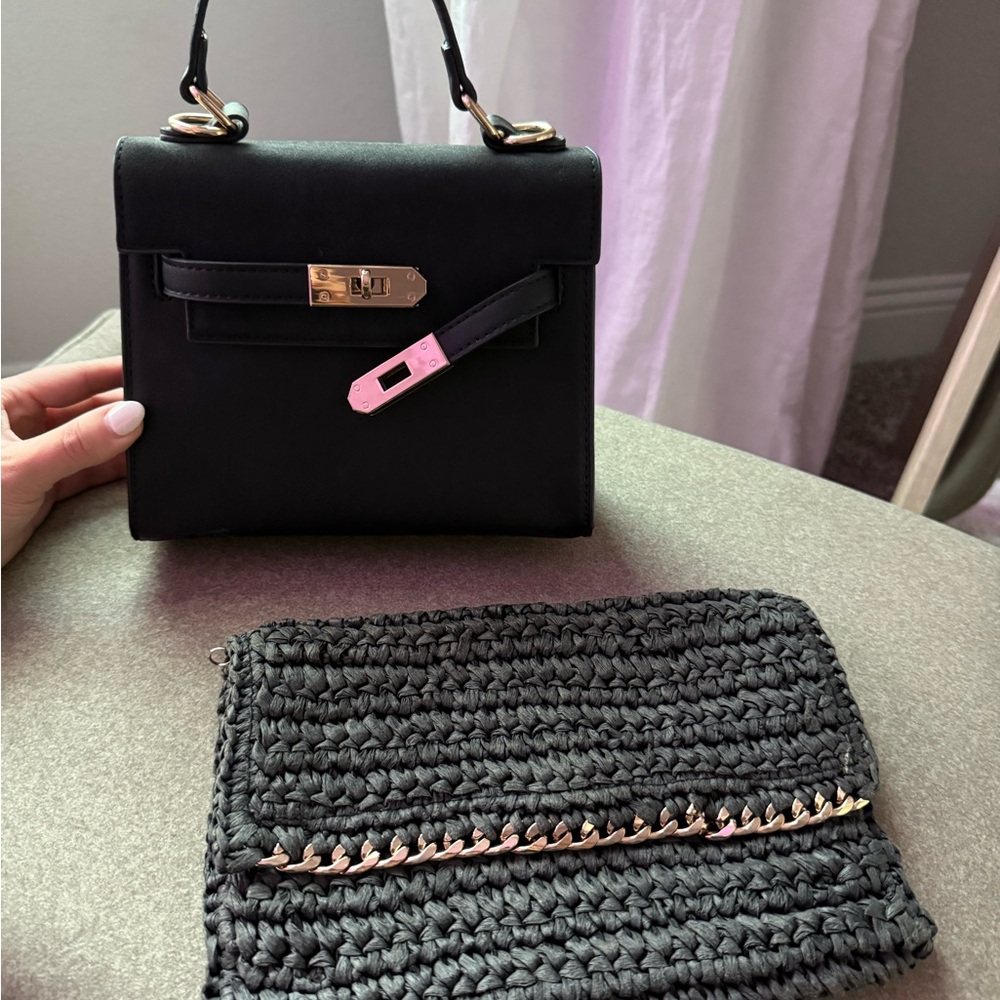 Black Top-Handle bag + straw clutch